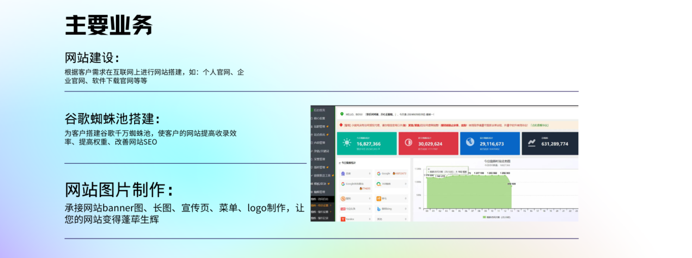 谷神seo专业从事互联网服务，提供企业建站，网站seo，谷歌优化排名，外链建设，谷歌蜘蛛池出租出售业务，助力企业出海霸屏谷歌。